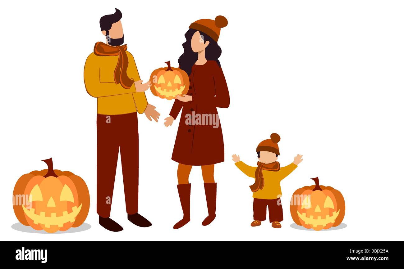 Eine dreiköpfige Familie teilt fröhliche Momente im Herbst, gekleidet in kuschelige Tücher und Hüte, während sie Kürbisse für Halloween schnitzt. Das Kind ist fröhlich Stock Vektor