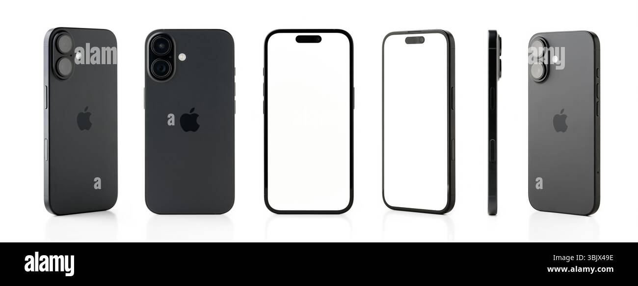 Antalya, Türkei – 16. Juni 2025: Neu veröffentlichtes Black iPhone 16 Mockup Set mit verschiedenen Winkeln Stockfoto