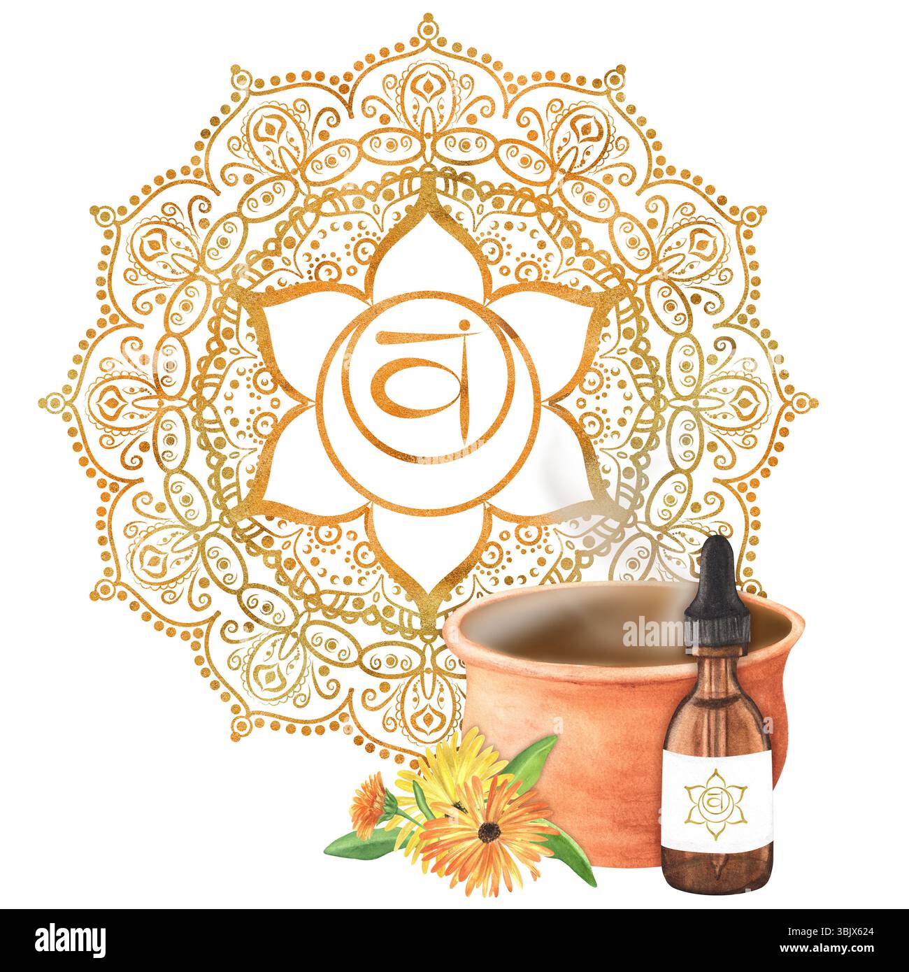 Wasserfarben Tontopf mit heißem Kräuteraufguss und Glasfläschchen mit ätherischem Öl und Ringelblumen und grünen Blättern. Goldenes orangenes Sakralchakra SVA Stockfoto