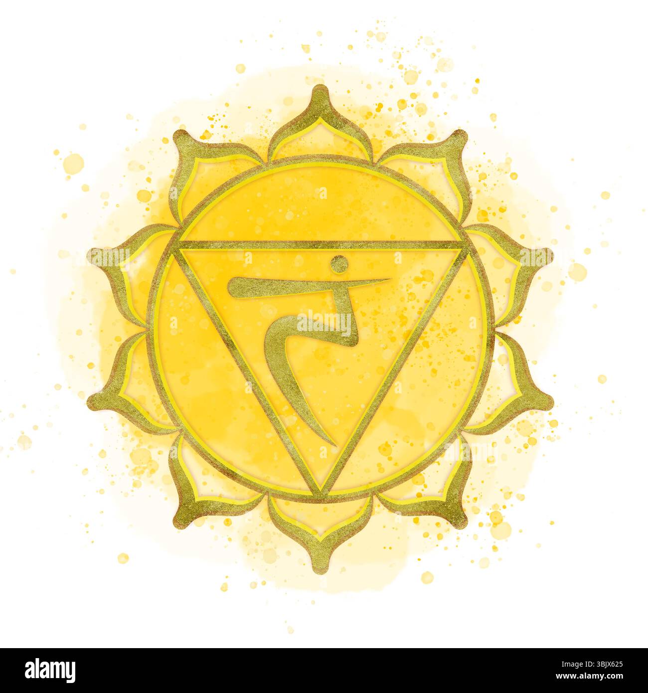 Solarplexuschakra Manipura auf Aquarellgelb mit Sanskrit-Symbol in der Mitte. Energiesparendes Clipart. Indische Kultur. Handgezeichnetes illustr Stockfoto