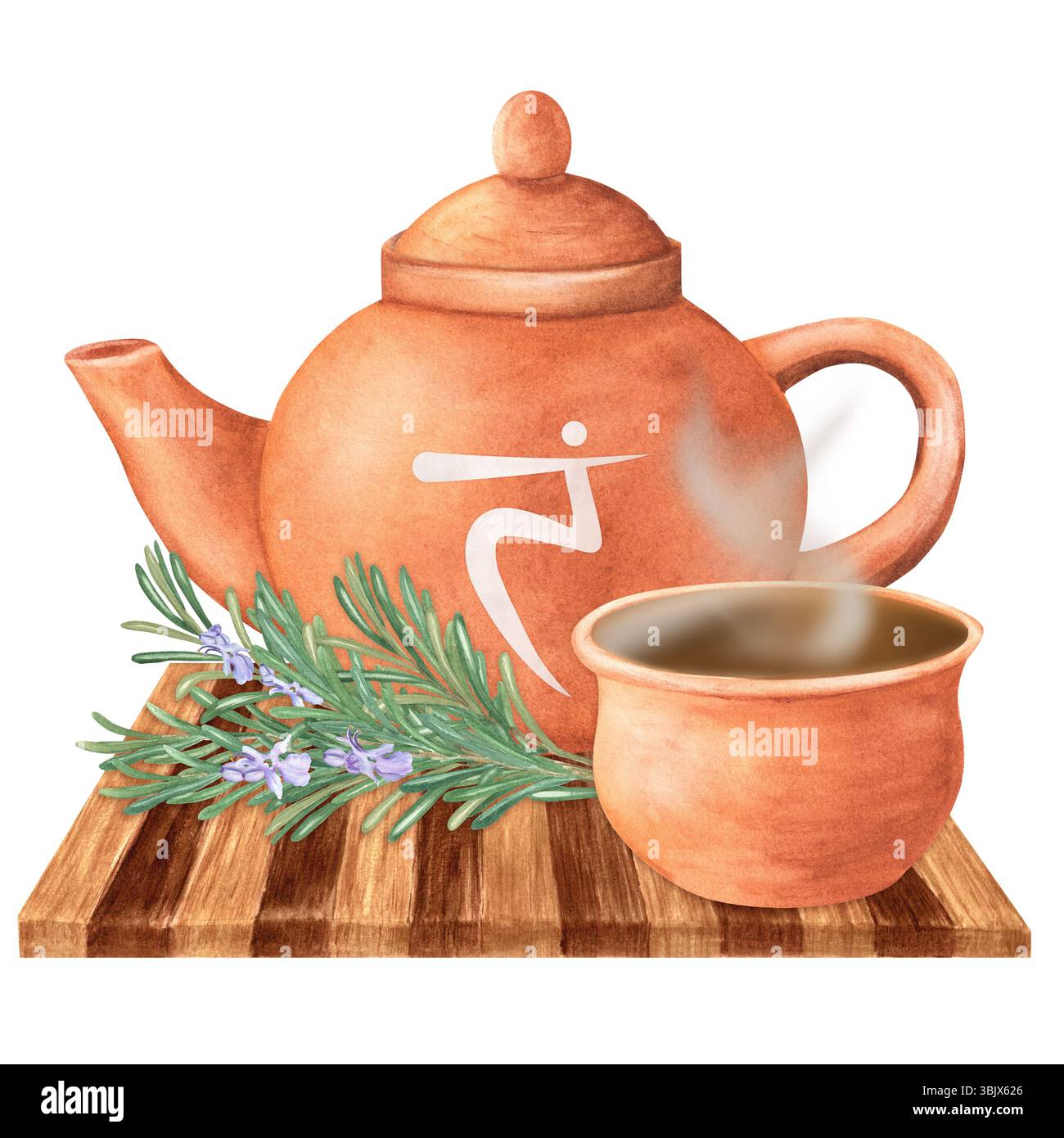 Teekanne mit Solar Plexus Chakra Symbol, Terrakotta Topf mit heißem Kräuteraufguss und Rosmarinstrauß auf Holztablett. Ayurveda, Yoga cl Stockfoto