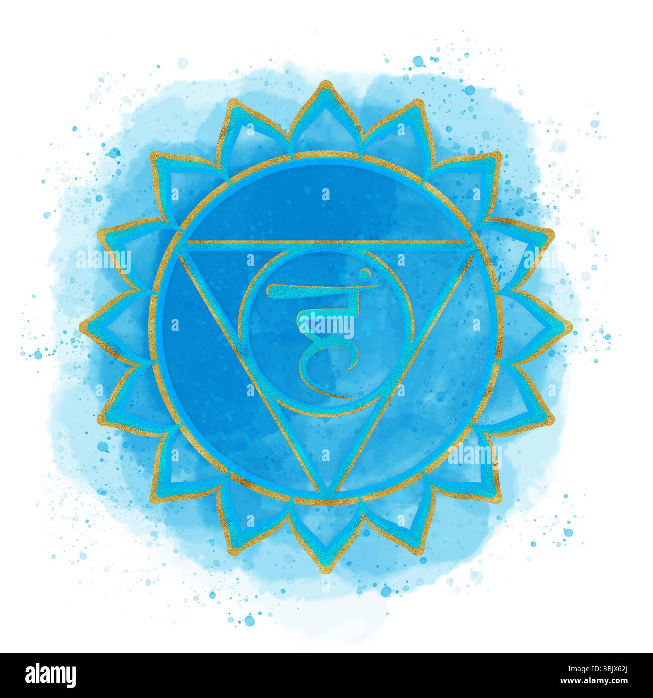 Goldenes Kehlchakra-Vishuddha-Symbol auf blauem Aquarellhintergrund und Splatter-Sanskrit-Buchstaben in der Mitte. Energiesparendes Clipart. Handgezogenes Öl Stockfoto
