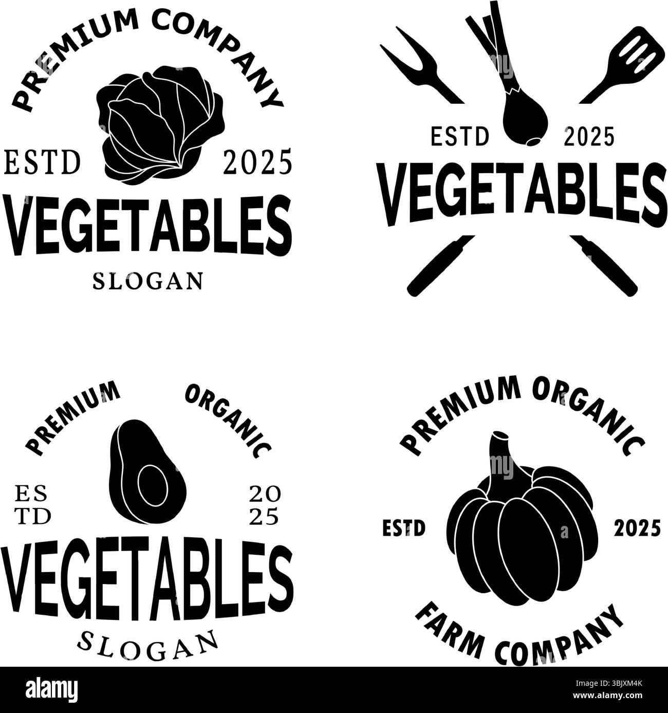 Design-Vorlage für Gemüse-Logo-Set. Vegetarische Naturkost. Gesunde Ernährung. Vektorabbildung. Stock Vektor