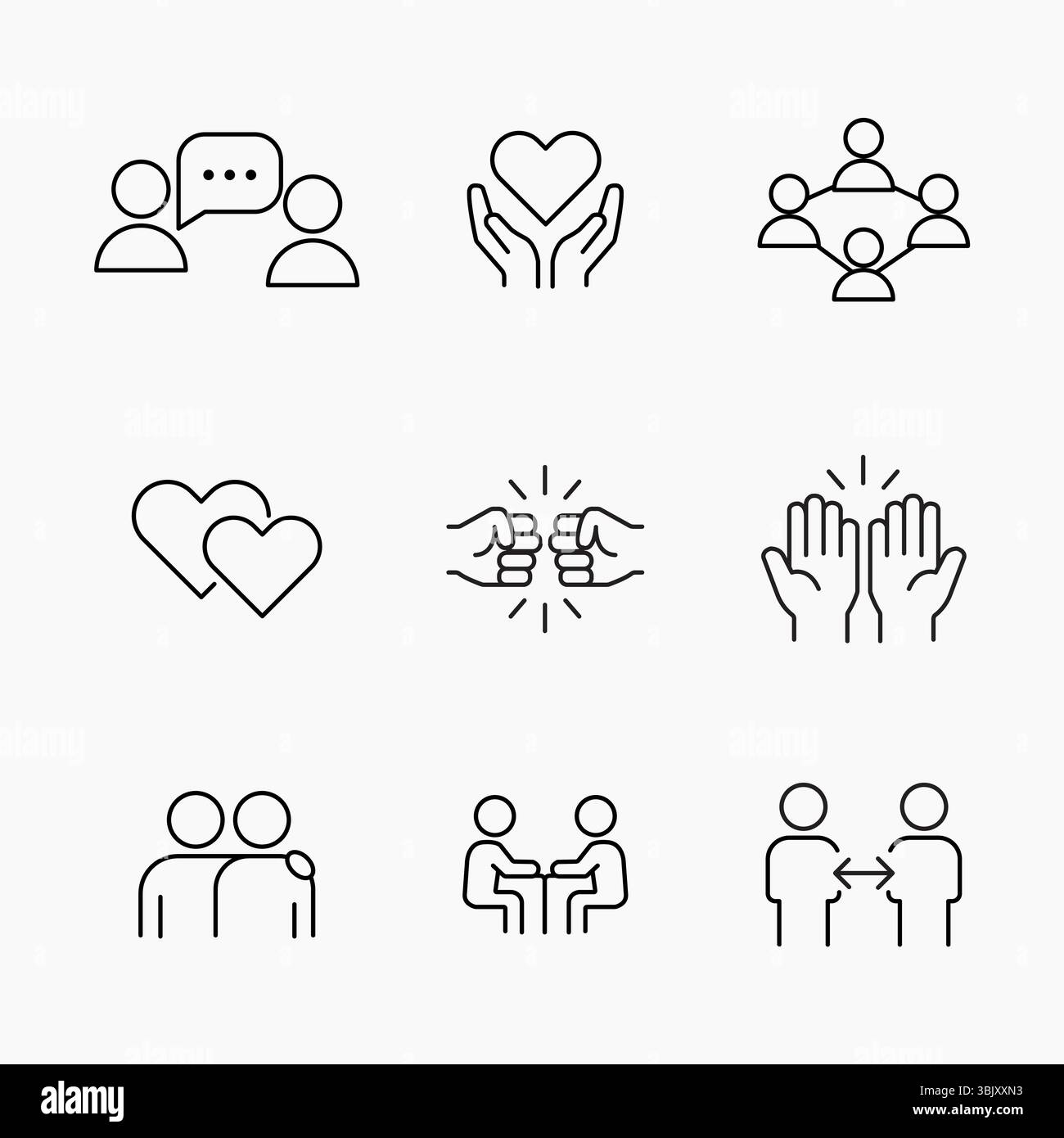 Set aus einfachen Symbolen für Freundschaft, Loyalität, Vertrauen und emotionale Verbindung, perfekt für Web-, Apps- und Social-Design-Themen, ve Stock Vektor