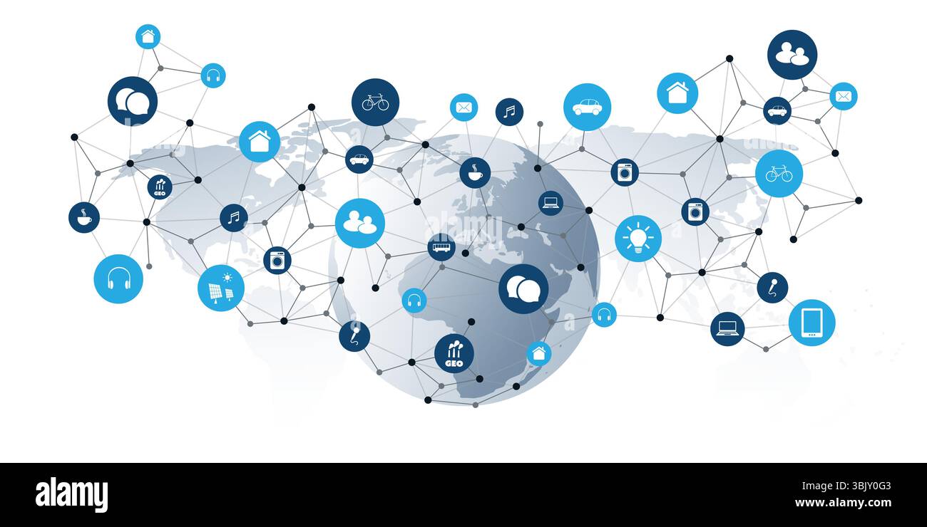 Eine Vektorgrafik, die IoT und globale Konnektivität veranschaulicht. Eine Weltkarte ist mit einem Netzwerk von Knoten und Symbolen überlagert, die intelligente Geräte und se darstellen Stock Vektor