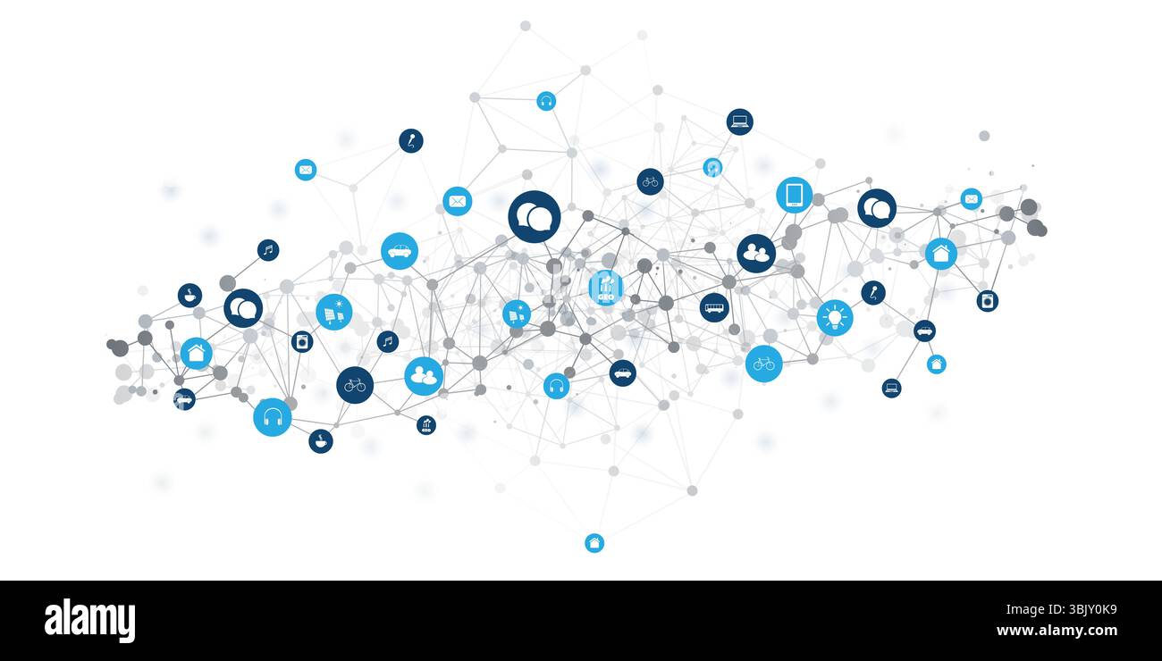 Eine konzeptionelle Vektorgrafik, die ein komplexes Netzwerk aus miteinander verbundenen Knoten und verschiedenen Symbolen darstellt, die das Internet der Dinge (IoT), Globa, darstellen Stock Vektor
