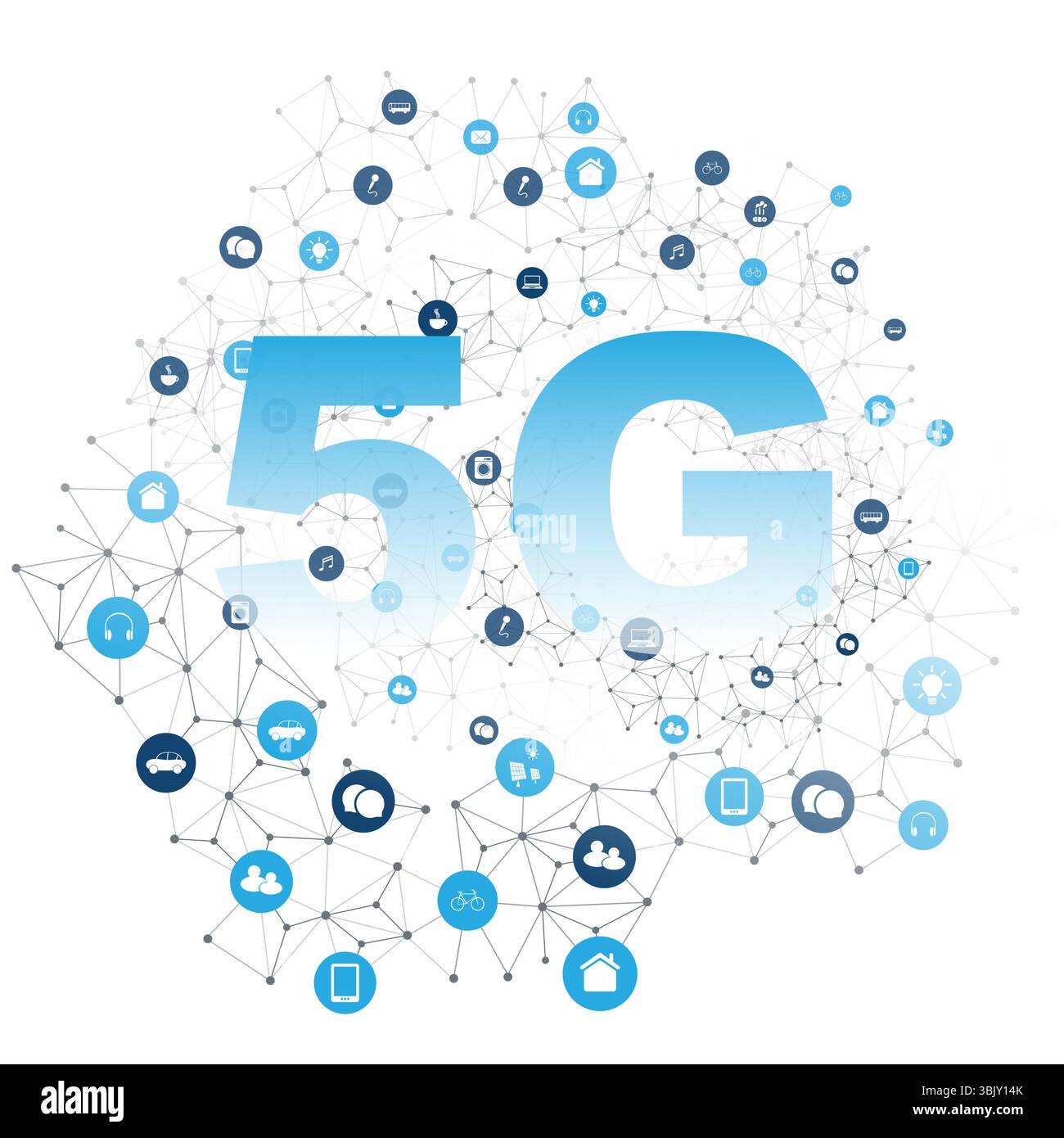 Abbildung: 5G-Technologie für drahtlose Netzwerke und das Internet der Dinge, mit einem polygonalen Netzwerk aus verbundenen intelligenten Geräten und Symbolen für die Mobilität Stock Vektor