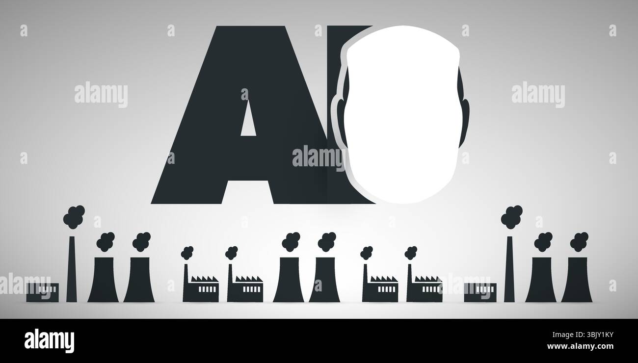 Konzeptuelles Bild, das den hohen Energiebedarf von KI zeigt. Ein Roboterkopf schwebt über umweltschädlichen Fabriken und warnt vor den Umweltkosten, die durch die Förderung von KI entstehen Stock Vektor