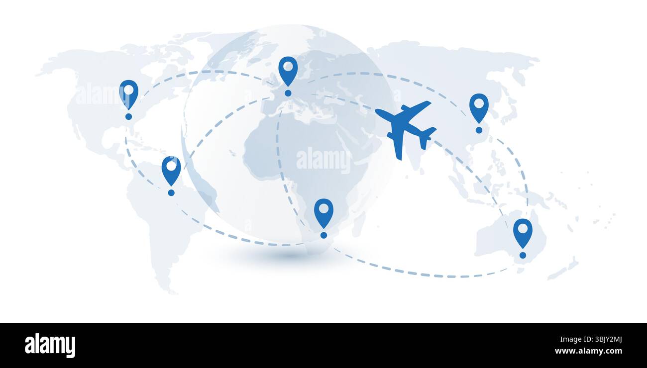 Reisen um die Welt - Air Transportation Concept, Travel by Airplane - World Map und Earth Globe Design mit Flugzeug Flying Intercontinental Rout Stock Vektor
