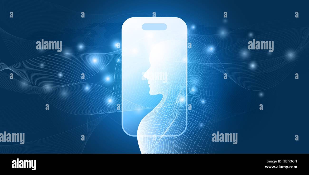 Ein konzeptionelles Blau-weiß-Bild, das KI, maschinelles Lernen und Gesichtserkennung symbolisiert. Ein menschlicher Kopf verschmilzt mit einem Smartphone, überlagert mit einem digi Stock Vektor