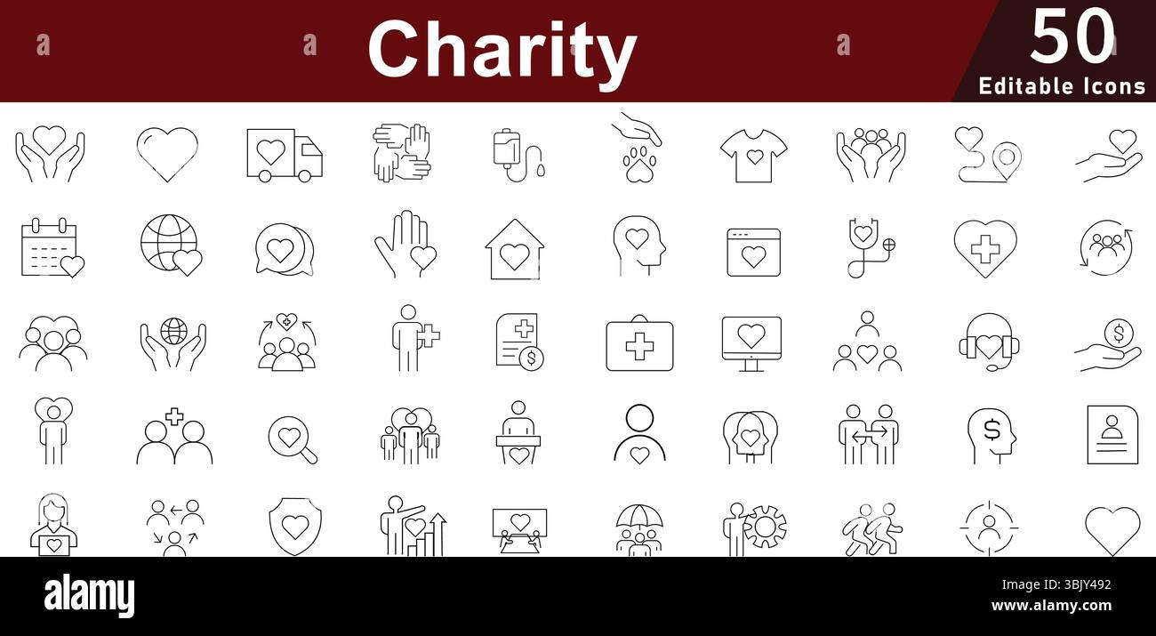 Gemeinnützige gemeinnützige Symbolgruppe - 50 editierbare Spendengemeinschaft Icons für Fundraising, Freiwilligenarbeit und Social Impact Vector Collection Stock Vektor