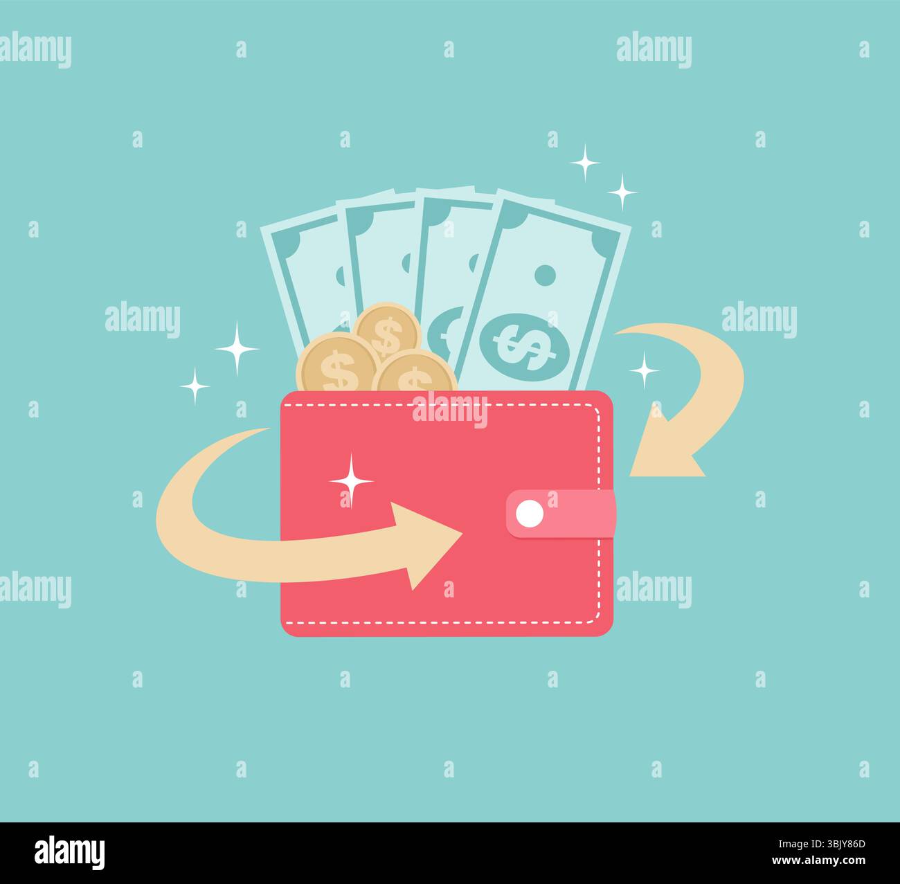 Brieftasche gefüllt mit Scheinen und Münzen, mit einem goldenen Cashback-Pfeil. Illustration des flachen Vektors Stock Vektor