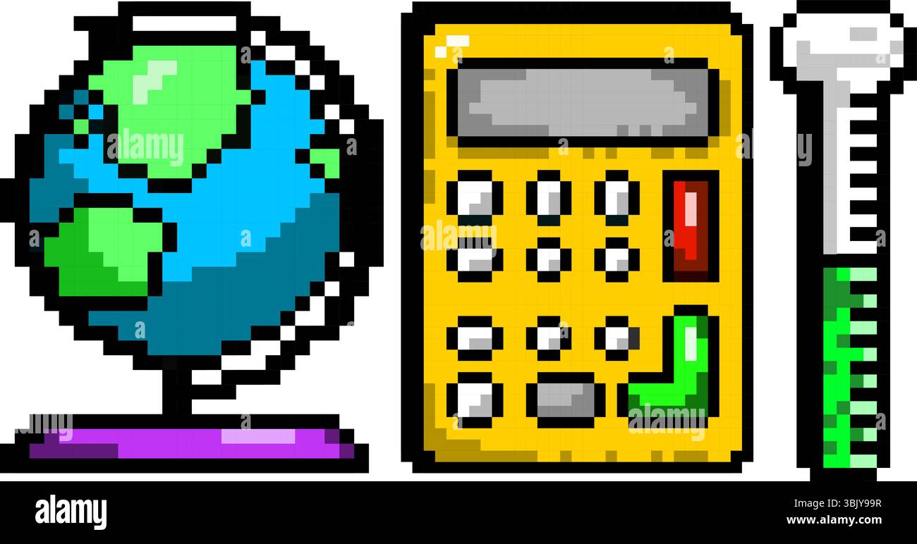 Globus-Rechner und Reagenzglas im lebendigen Pixelstil. Weltweite Bildung und Lernen Stock Vektor