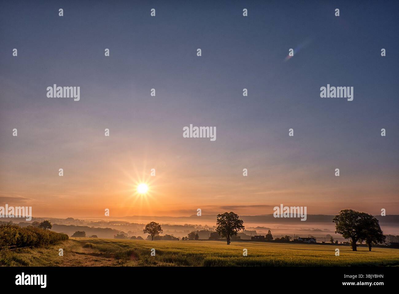 Big Sky Misty Dawn über die Farm Fields & Shirelands Valley: Blick von Woolston in Richtung Church Stretton, The Marches, South Shropshire West Midlands. Stockfoto