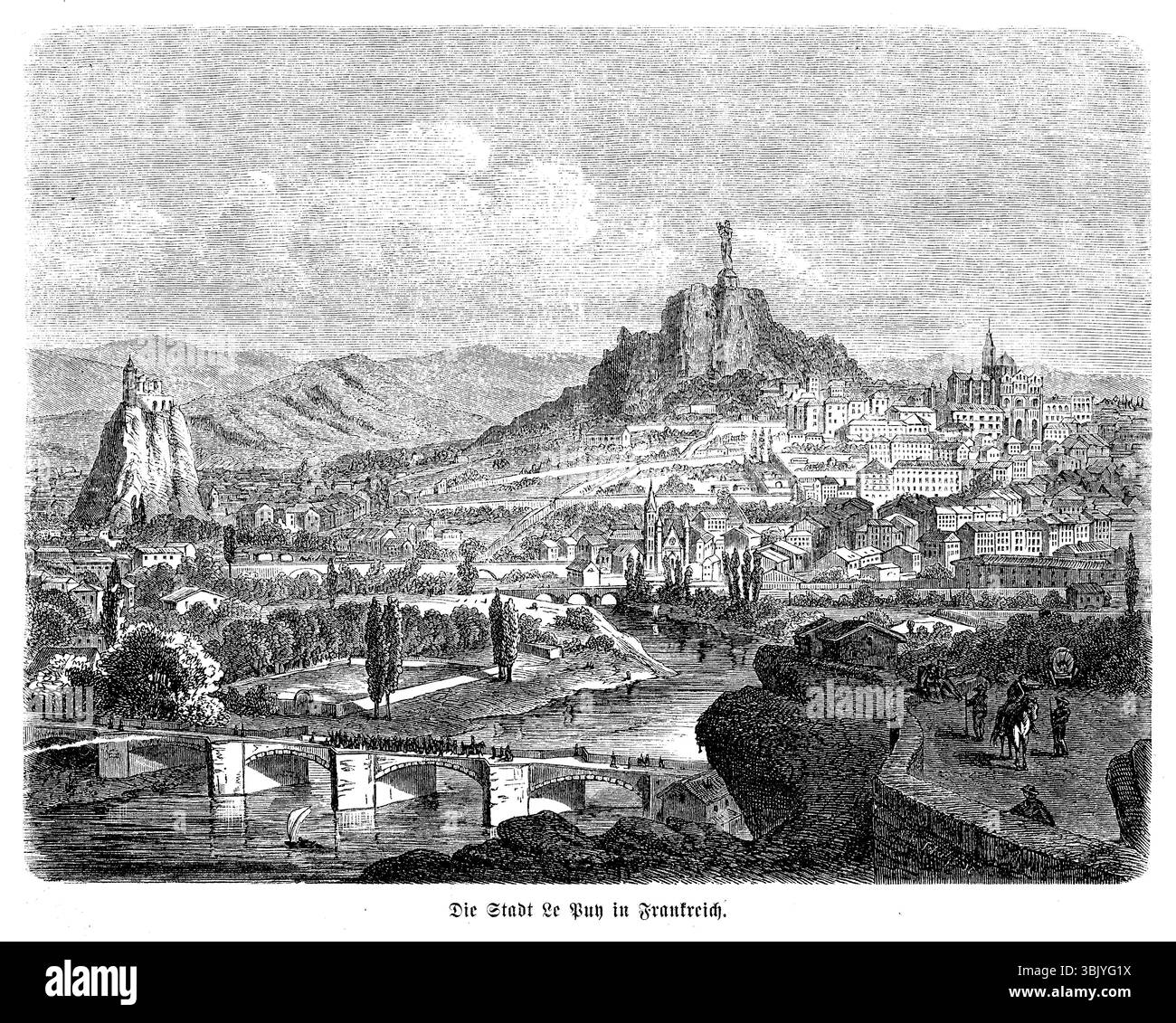 Panoramablick auf Le Puy-en-Velay in Frankreich in der Nähe der Loire in der Region Auvergne-Rhône-Alpes, berühmter Ort mit der eisernen Statue der Nostre-Dame de France mit Blick auf die Stadt, Illustration aus dem 19. Jahrhundert Stockfoto
