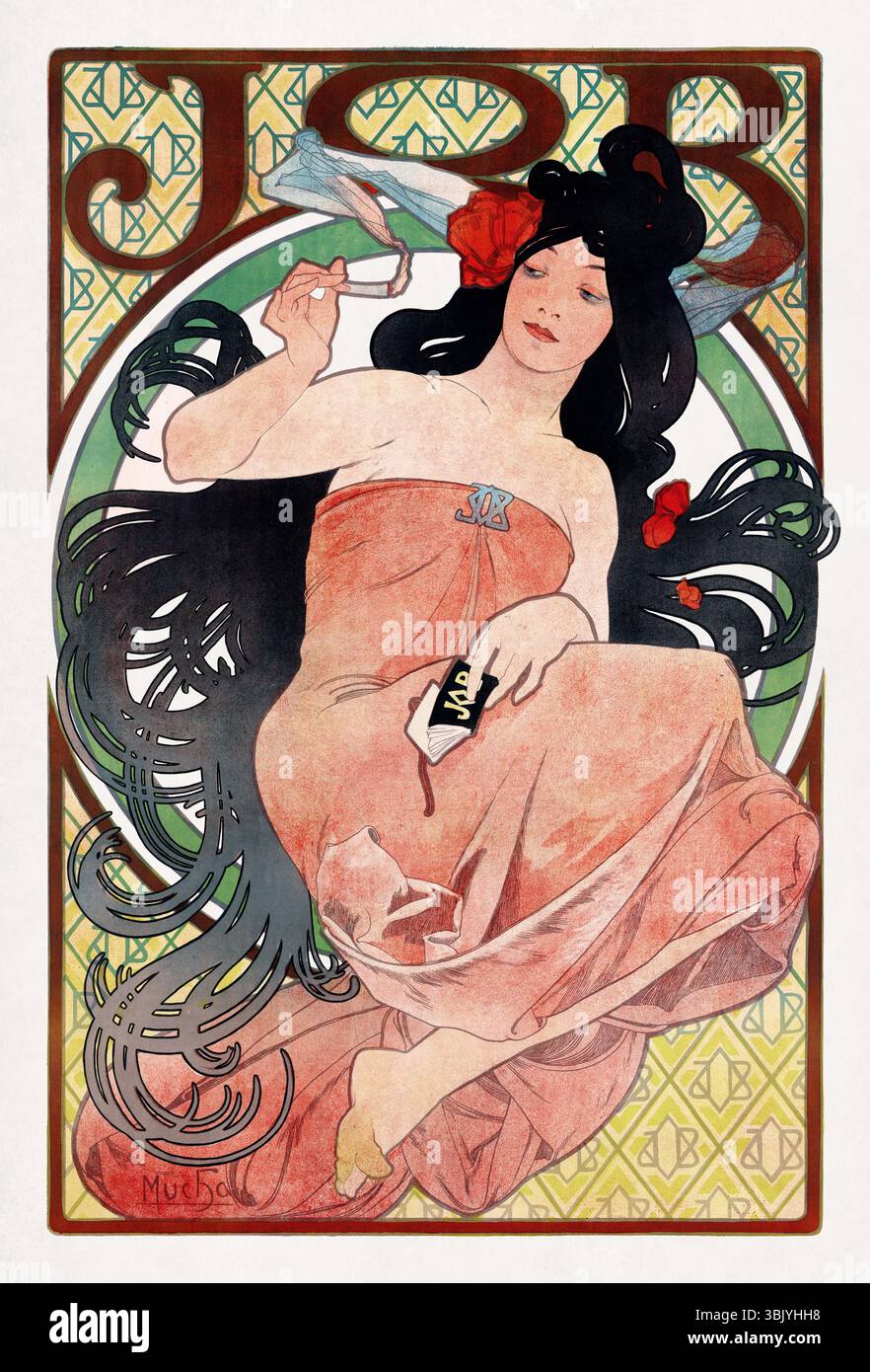 Art Nouveau Farblithographie von Alphonse Mucha einer Frau, die eine Zigarette raucht. Stockfoto