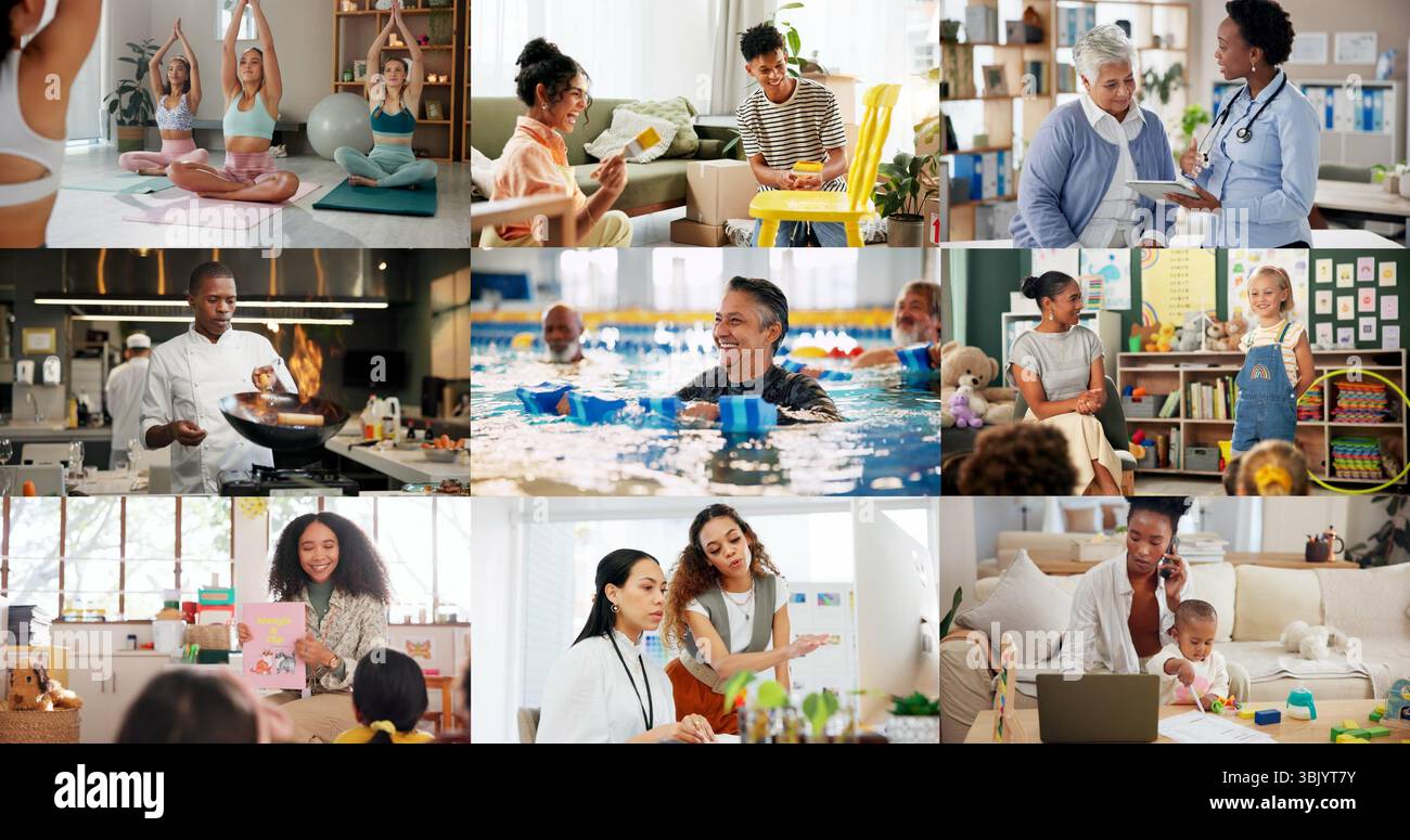 Menschen, Collagen oder globale Fähigkeiten mit Beruf für Gemeindeunterschied, Inklusion oder Vielfalt. Gruppe, international oder Diversität mit Beruf oder Stockfoto