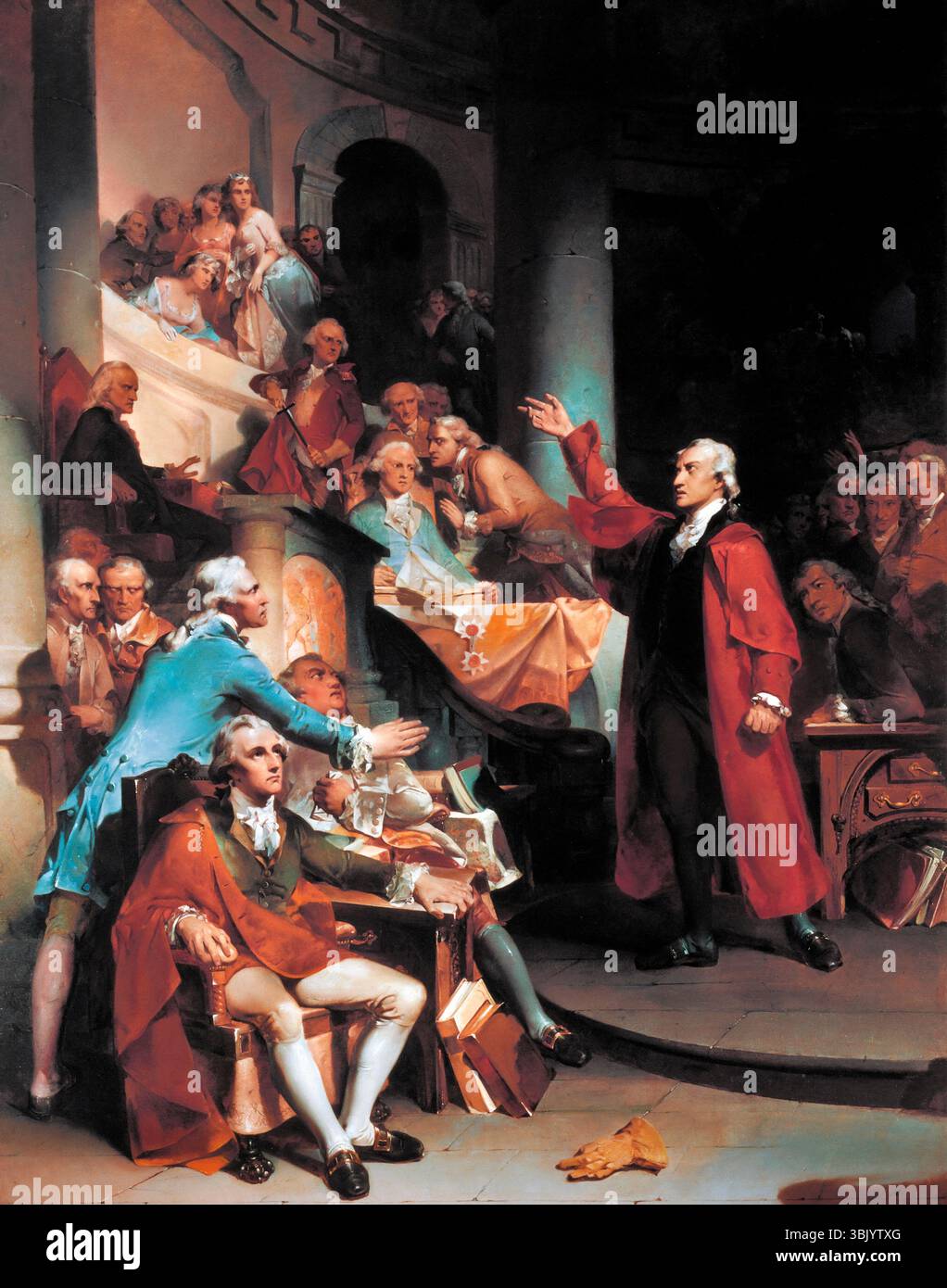 Haus der Burgesses. Gemälde von Patrick Henrys "wenn das Verrat ist, mach das Beste daraus!" Rede gegen das Stempelgesetz von 1765 von Peter F. Rothermel , Öl auf Leinwand, 1851 Stockfoto