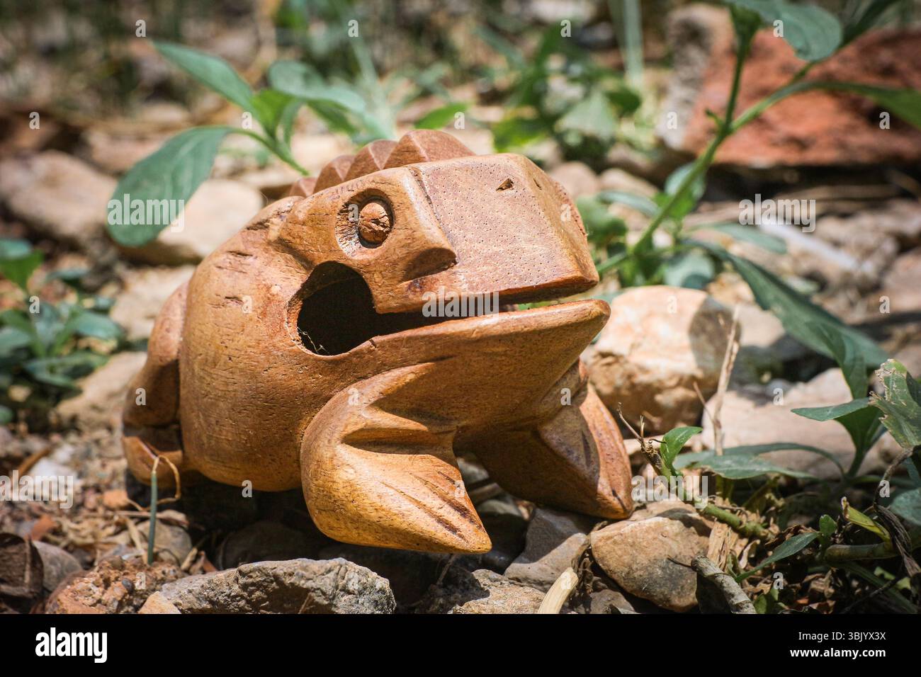Eine handgefertigte Holzfroschskulptur in waldähnlicher Umgebung mit weichem Grün und Steinen. Natürliches Sonnenlicht erzeugt dramatische Schatten. Stockfoto