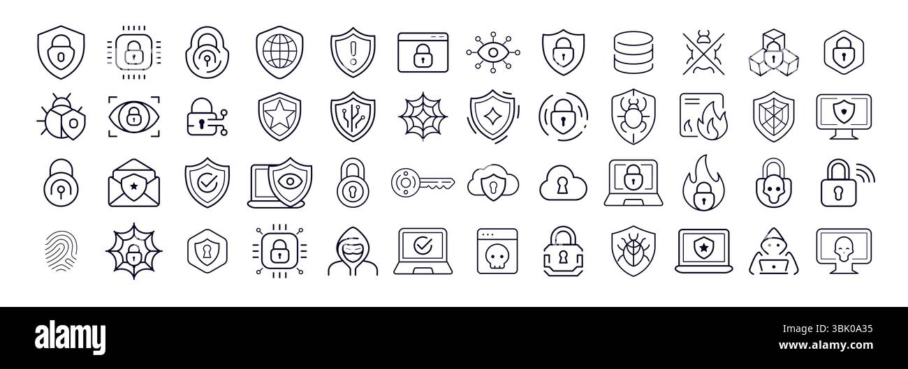 Cyber Security Symbol Set Outline Style Für Web-Schutz, Datenschutz, Firewall, Sperre, Netzwerkzugriff, Digitale Sicherheitsprojekte. Sauberer, Moderner Look Stock Vektor