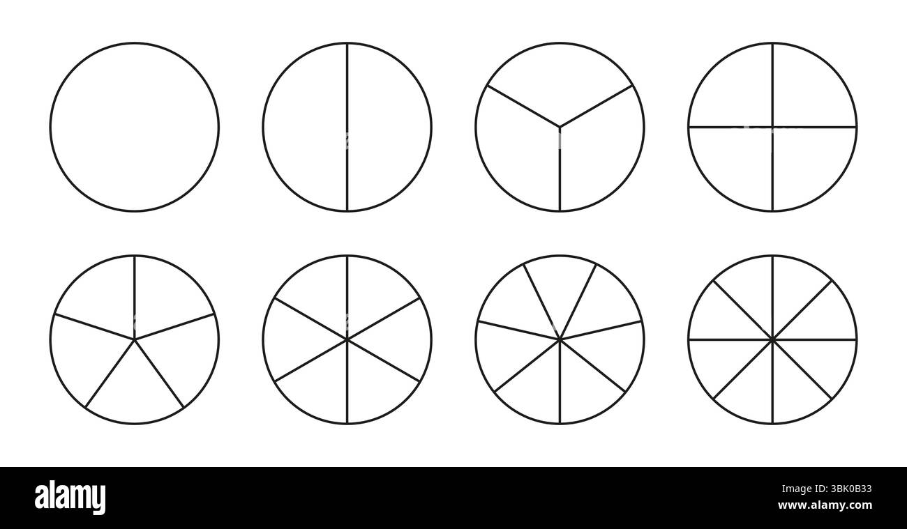 Segmentierte Diagramme werden isoliert auf weißem Hintergrund festgelegt. Konturieren Sie dünne schwarze Grafiken. Sammlung von Tortendiagrammen. Viele Sektoren teilen den Kreis auf Stock Vektor