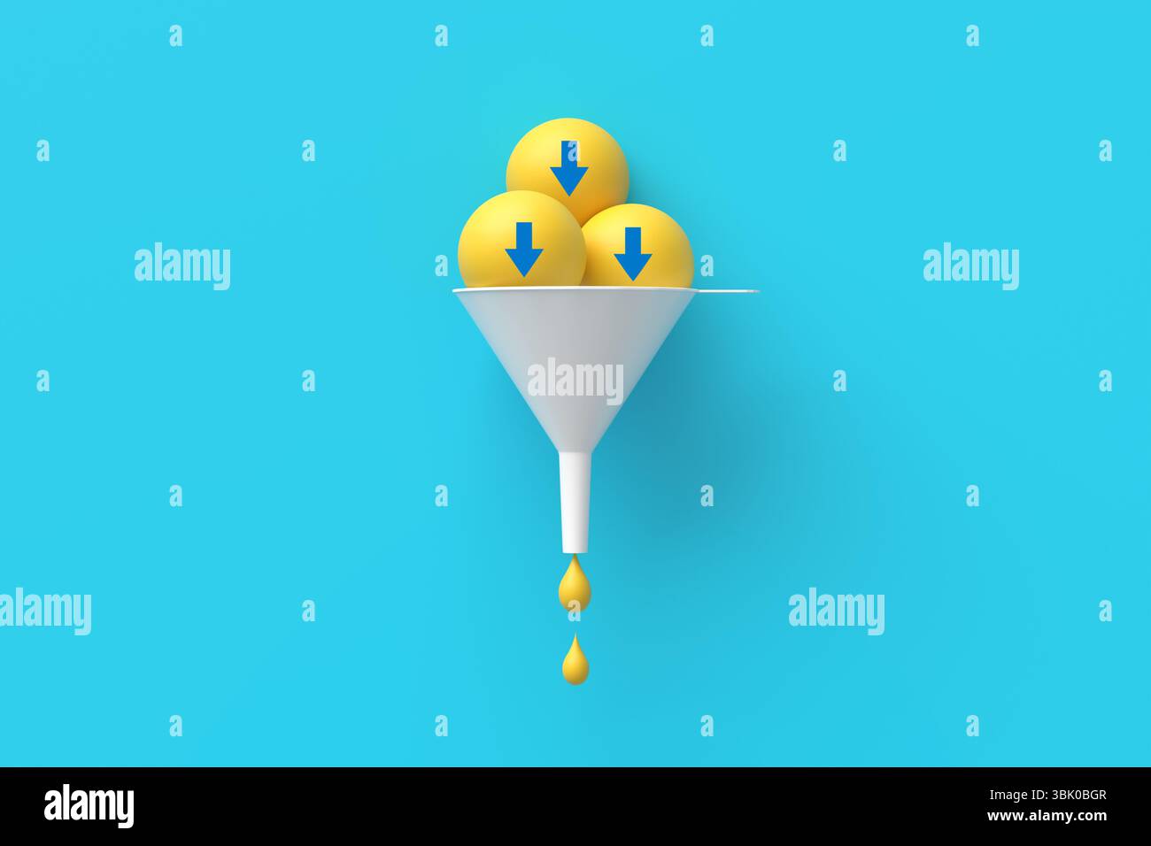 Workflow-Konzept der Eingabe- und Ausgabetransformation. Drei gelbe Kugeln mit Pfeilen nach unten, die in einen Trichter fallen und in eine Flüssigkeit auf blauem bac übergehen Stockfoto