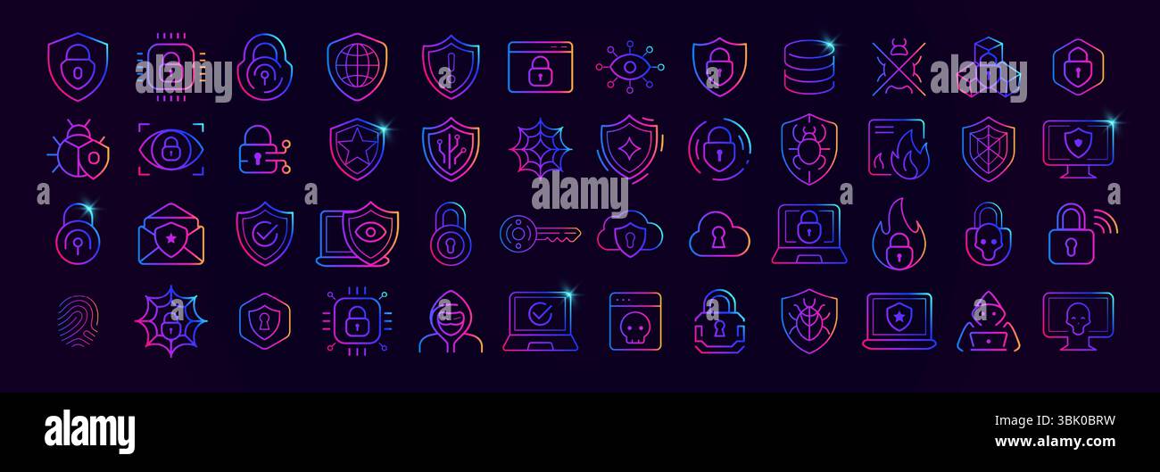 Cyber Security-Symbolsatz mit Neon-Farbverlauf. Schild, Vorhängeschloss, Firewall, Fingerabdruck, Virus, Hacker-, Cloud- und Datenschutzsymbole für Cyber Stock Vektor