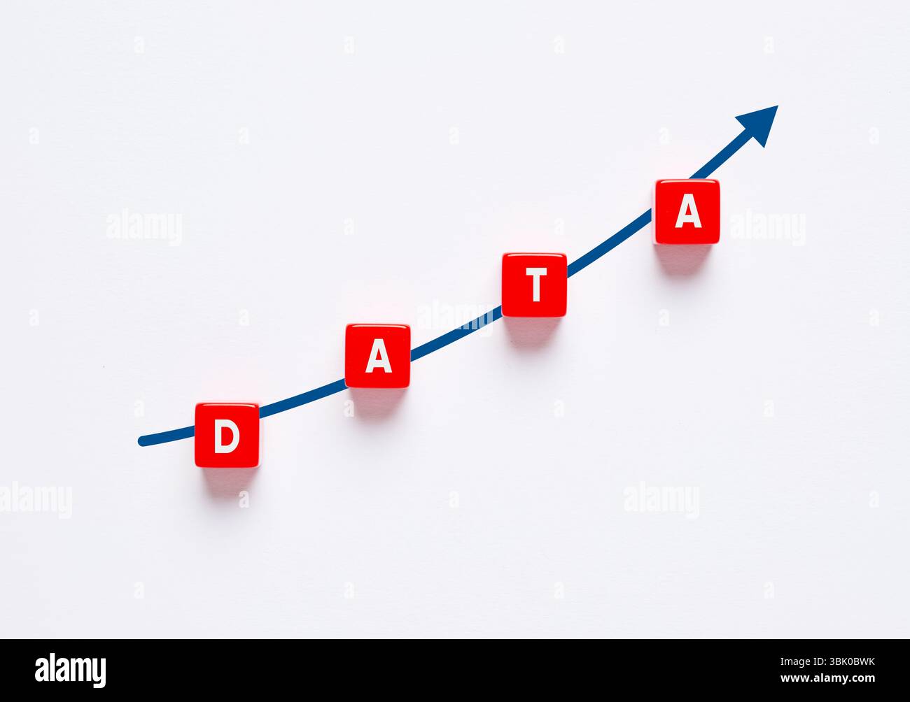 Datenwachstum. Rote Würfel mit Buchstaben, die die Wortdaten bilden, sind in aufsteigendem Liniendiagramm angeordnet, das das Datenwachstum symbolisiert. Stockfoto