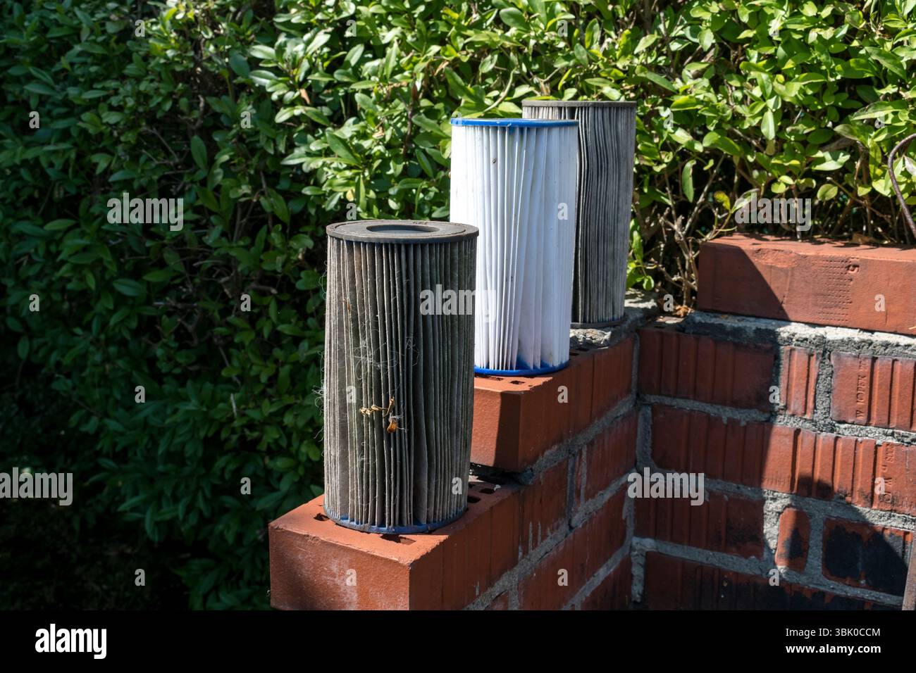 Schwimmbadfilter trocknen in der Sonne an der Backsteinmauer im Garten Stockfoto