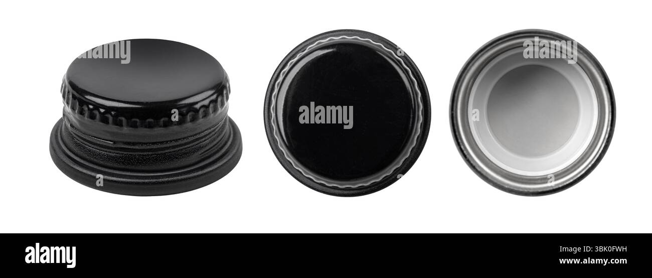 Drei verschiedene Ansichten eines schwarzen Flaschendeckels mit Ober-, Unterteil- und Seitenprofil Stockfoto