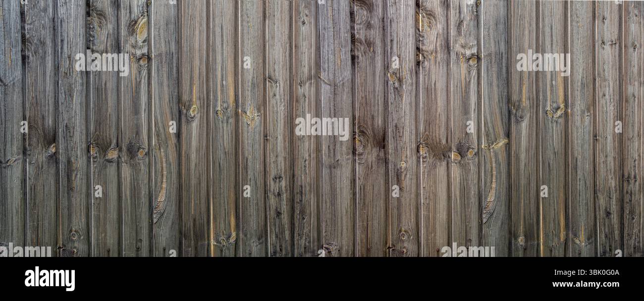 Vertikale Holzdielen, die Verwitterung und Knoten zeigen, bilden einen rustikalen strukturierten Hintergrund Stockfoto