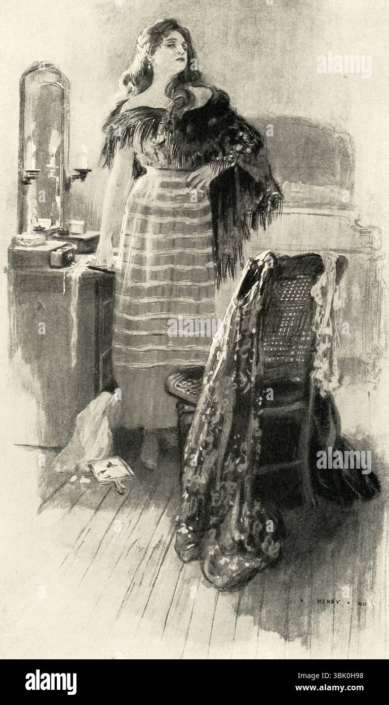 Die Bildunterschrift aus dem Jahr 1901 lautet: „Die dunklen Hyazinthkurven fielen auf ihren Rücken.“ Die Passage stammt aus George Eliots Roman Adam Bede aus dem Jahr 1859 und die Beschreibung ist von Hetty Sorrel, der Hauptfigur des Romans. Maggie Tulliver Stephen.“ George Eliot ist der Pseudonym der englischen Schriftstellerin Mary Ann Evans. Hetty Sorrel ist eine Hauptfigur des Romans. Stockfoto