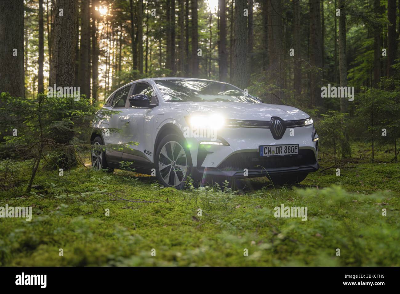 Weißes Auto im Sonnenlicht im grünen Wald, Renault Megane, Deer E Carsharing, Elektroauto, Calw, Schwarzwald, Deutschland, Europa Stockfoto