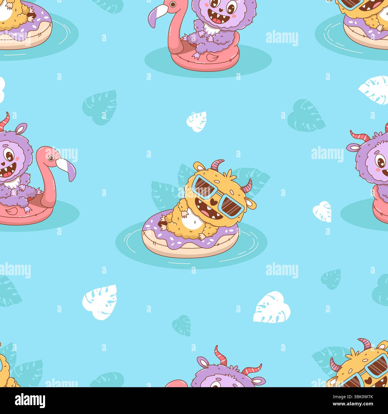 Nahtloses Muster mit süßem Sommer-Monster auf aufblasbarem rosa Flamingo und Donut auf blauem Hintergrund mit tropischen Blättern. Beach Cartoon lustige Kawaii ch Stock Vektor