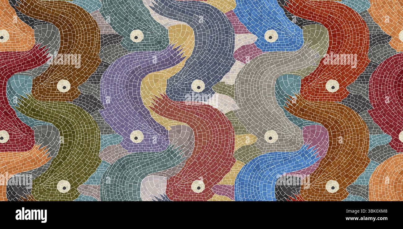 Fische Mosaikkunstkomposition in Farben, nahtlose Vektor-Fliesenmuster Stockfoto