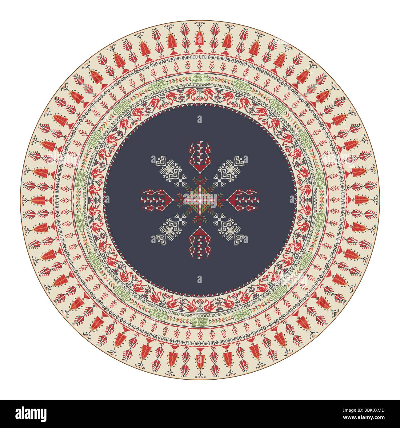 Dekoratives rundes Designelement mit traditionellen palästinensischen Sticksymbolen, skalierbare Vektorillustration über weißem Hintergrund Stockfoto