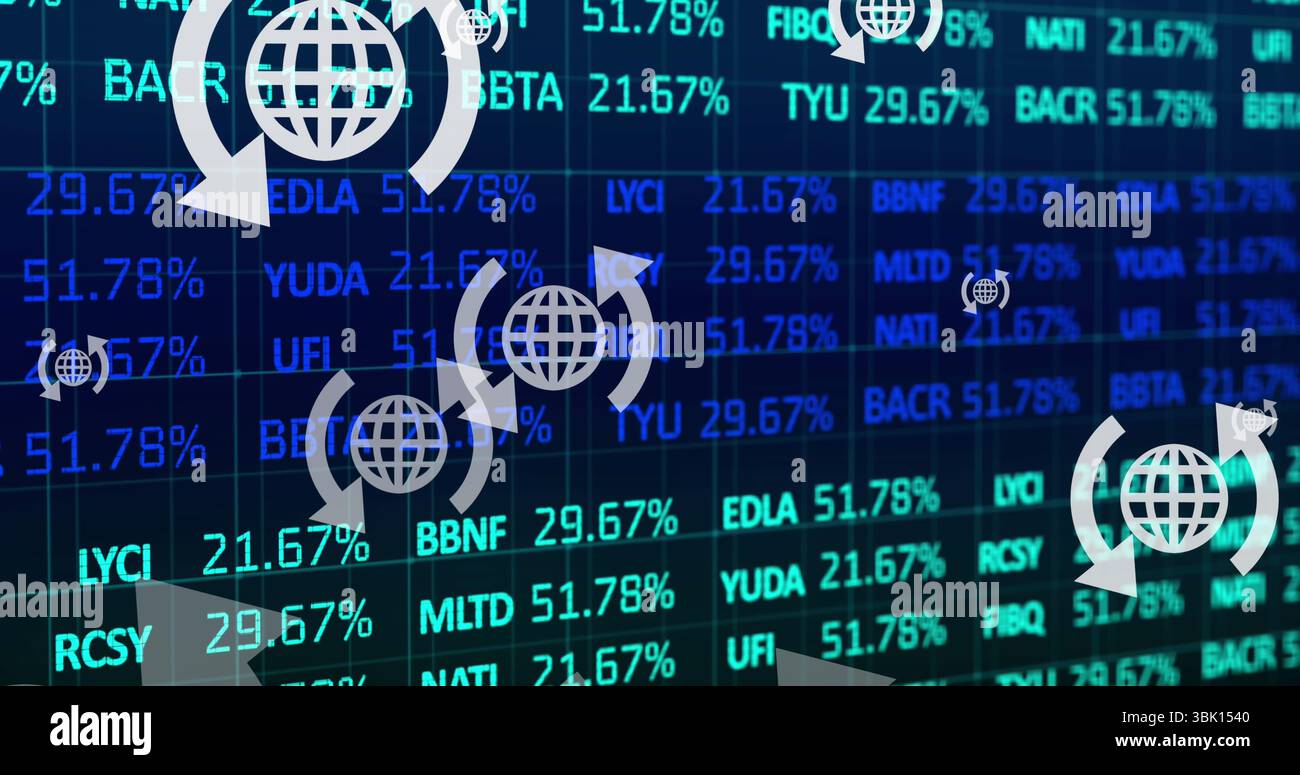 Anzeige der Globus-Symbolgruppe, die sich über der dunklen digitalen Rasteranzeige dreht, mit Ticker-Symbolen Stockfoto