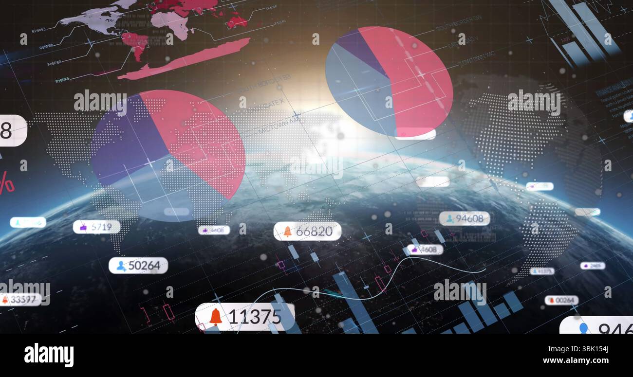 Anzeigen der Erdkugel mit Krümmung in der Umlaufbahn, mit Kreisdiagrammen, Balken- und Liniendiagrammen, Datensymbolen Stockfoto