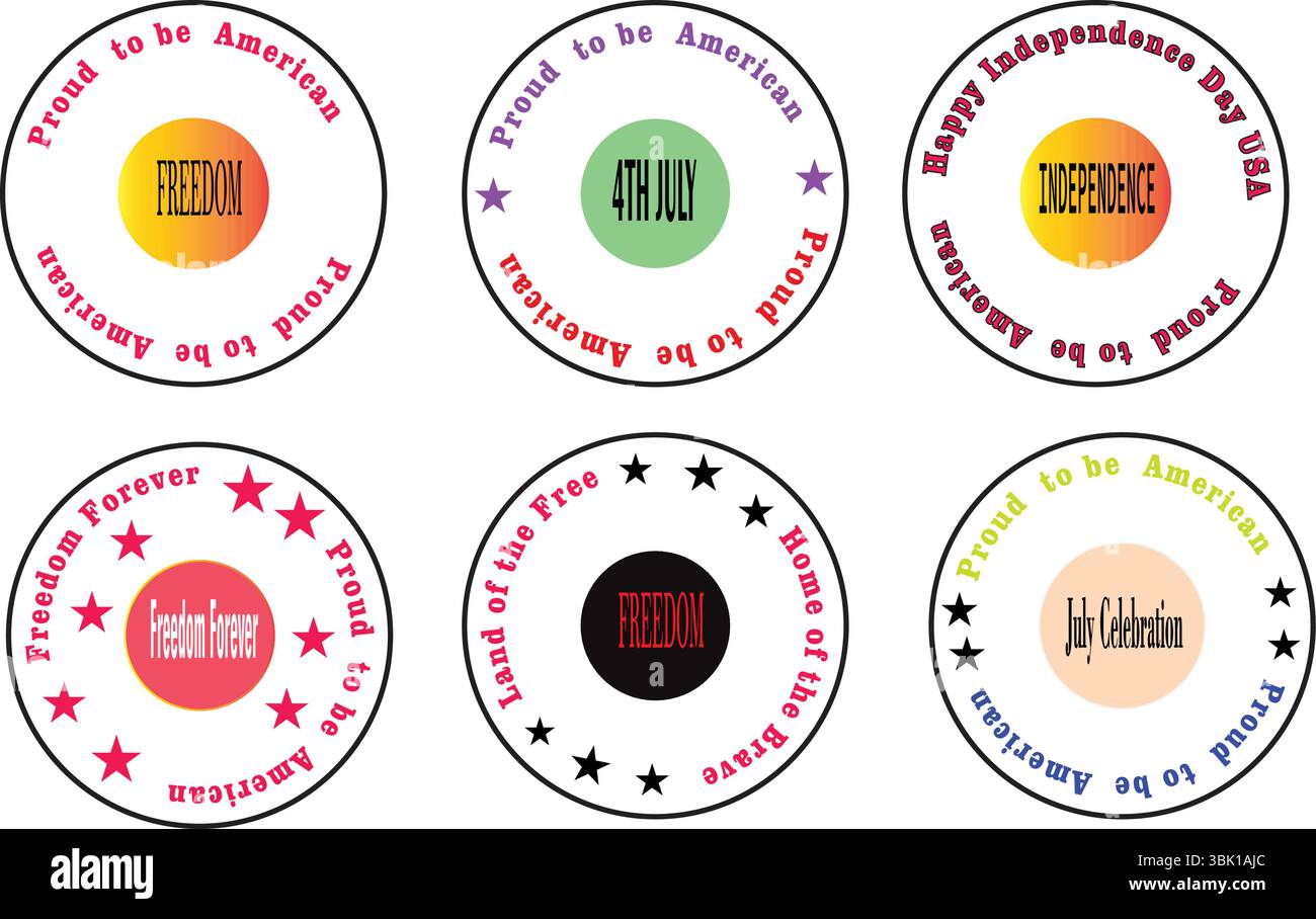 Patriotisches USA Round Independence Day Stempelset mit Sternen, Streifen und roten blauen Elementen Stock Vektor