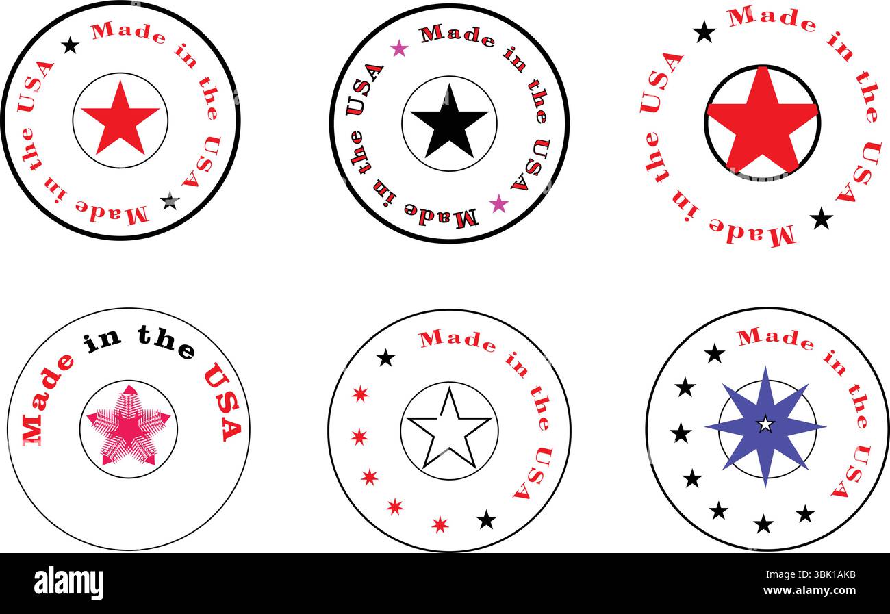 Patriotisches USA Round Independence Day Stempelset mit Sternen, Streifen und roten blauen Elementen Stock Vektor