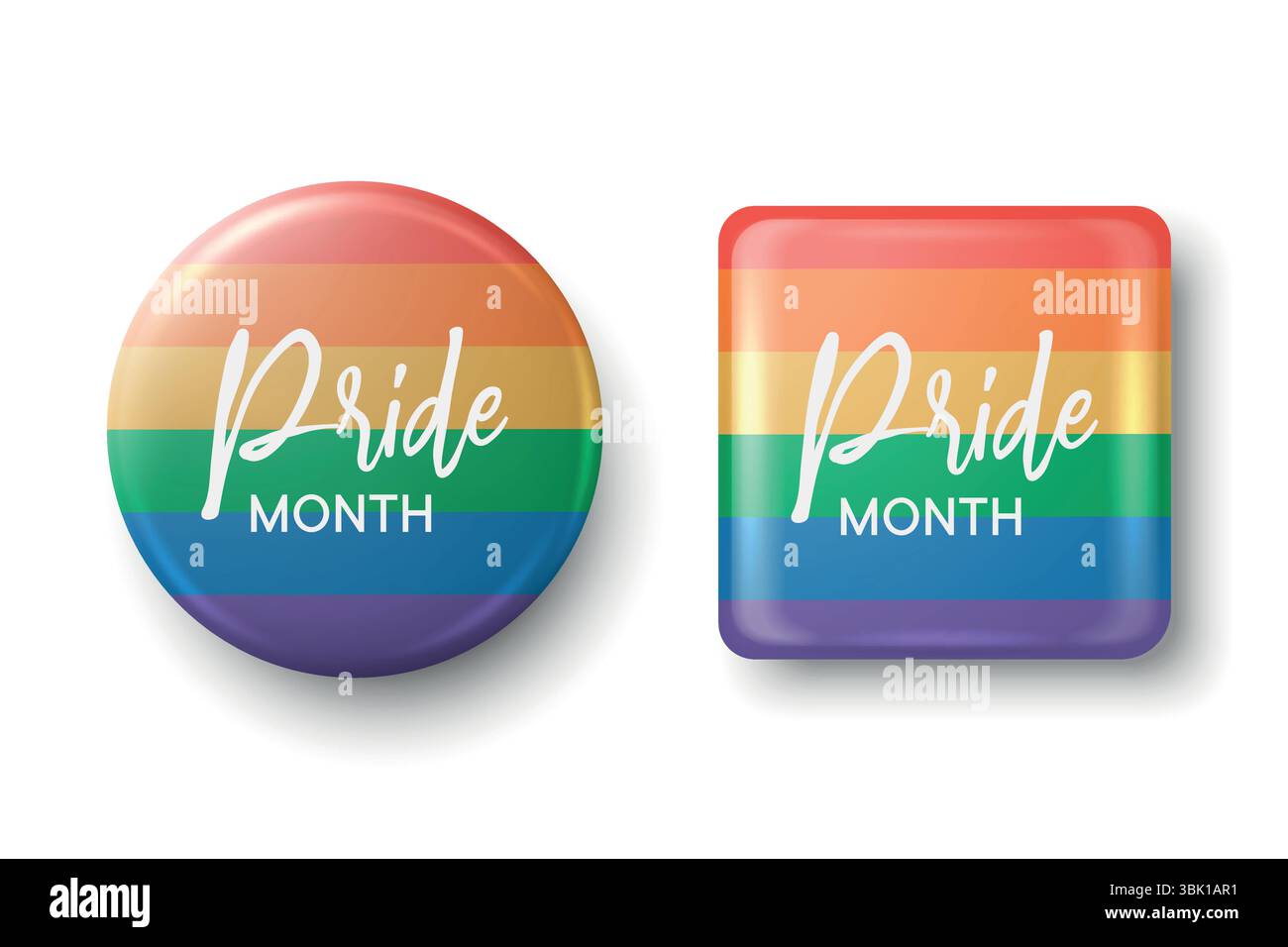 Set mit Vektorabzeichen „Pride Month“ und Regenbogenflagge. Rundes und quadratisches LGBTQ-Knopfdesign für Gleichheitssymbol, Pride Event, Unterstützung für Gay Rights, Vielfalt Stock Vektor