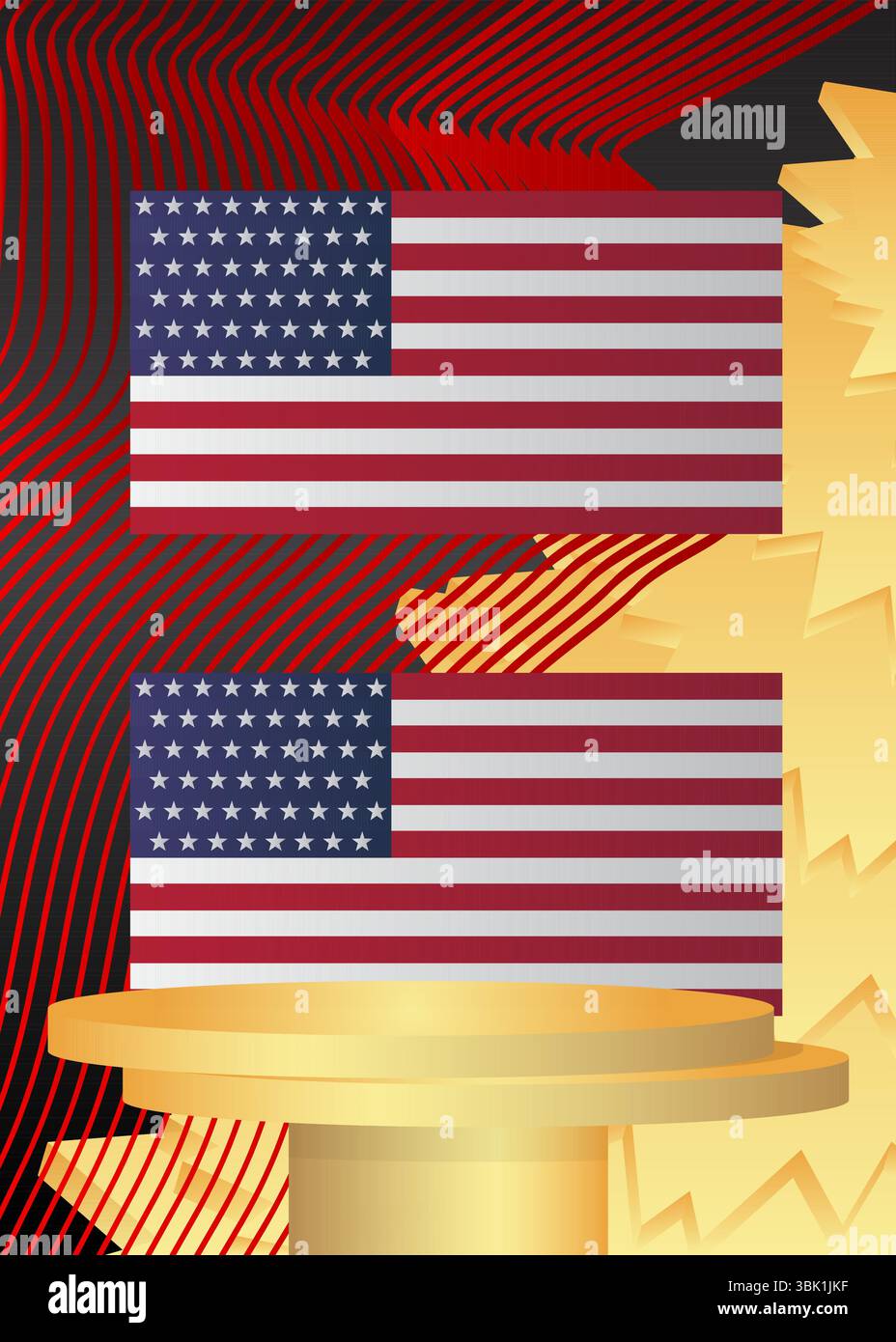 Modell-Produktanzeige mit amerikanischer Flagge. Podium des Vektorzylinders. Bühnenvorführung für Präsentation. Minimale geometrische Formen. Stock Vektor