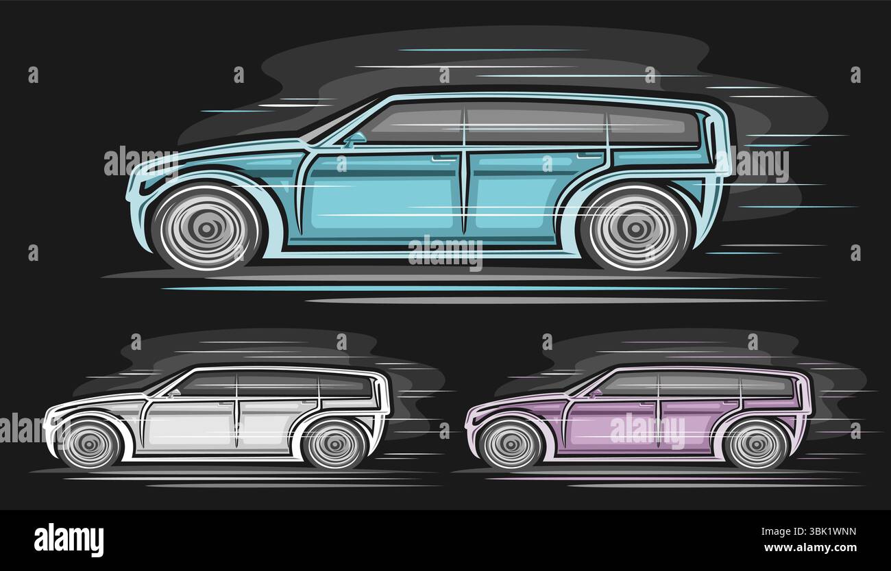 Vektor futuristisches SUV-Auto-Set, horizontales Kfz-Poster mit drei isolierten einfachen Clipart von exotischen Konzeptfahrzeugen in bewegtem, laufendem handgezeichnetem l Stock Vektor