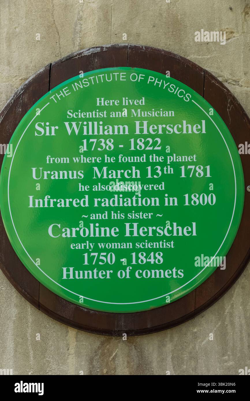 England, Somerset, Bath, Herschel Museum of Astronomy, das Institute of Physics Green Plaque, die Sir William Herschel und seine Schwester Caroline H. kommoriert Stockfoto