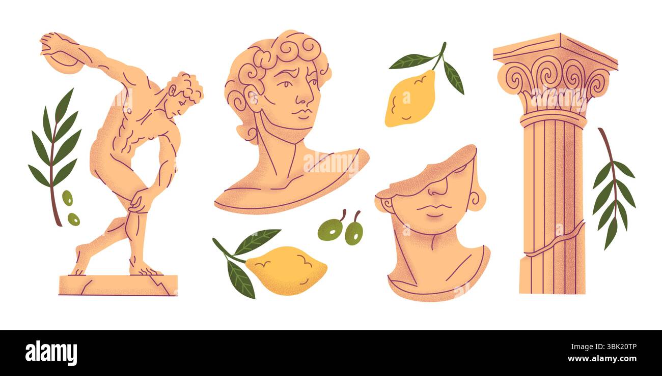 Antike griechische Doodle-Illustrationen mit klassischer Statue, Büsten, Säulenarchitektur und mediterranen Oliven-, Zitronen- und Blattzweigen. Archäologische Elemente für die historische Bildung, Museumsgestaltung Stock Vektor