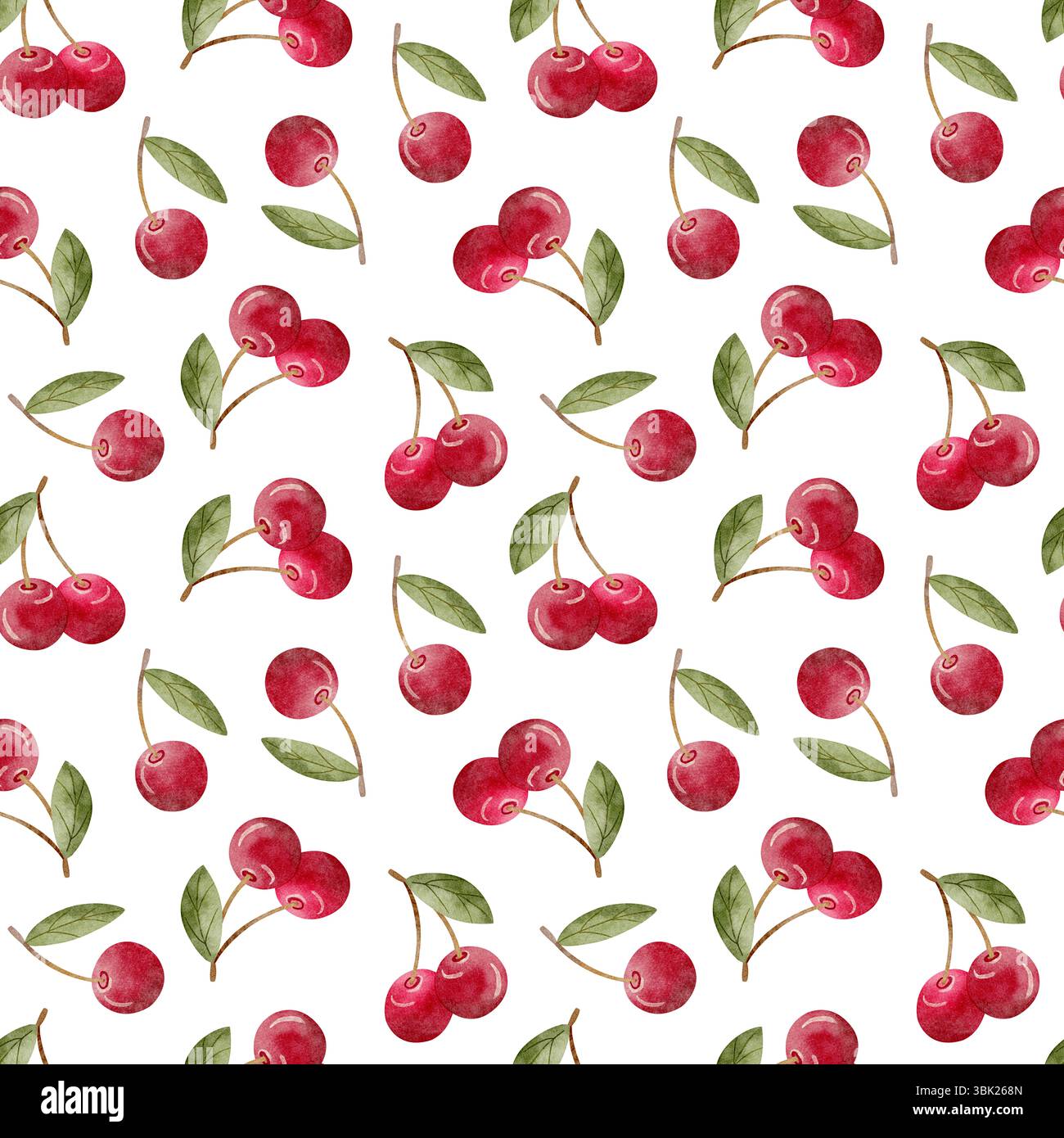 Muster Beeren Kirschen mit grünen Blättern Aquarellillustration saftige Frucht rot rosa Hand gezeichnet. Nahtloser Druck auf isoliertem Hintergrund für Textilien Stockfoto