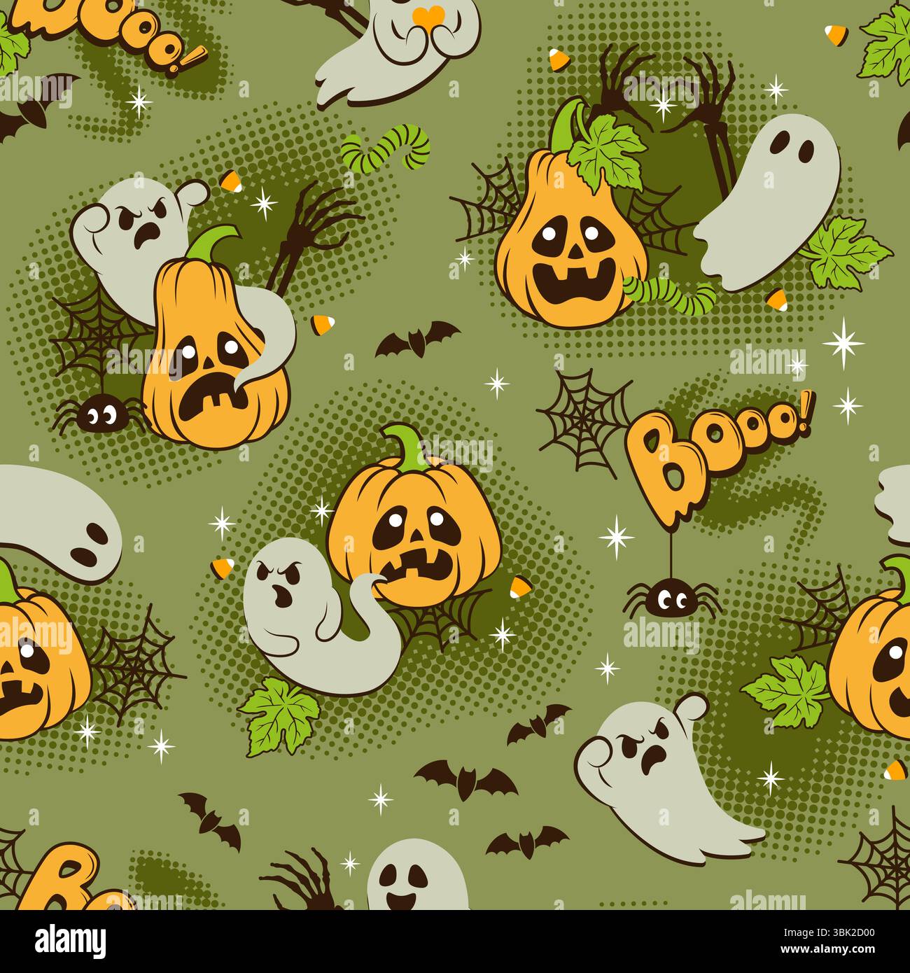 Nahtloses Horror-Muster für Halloween im niedlichen Retro-Stil mit gruseligen Geistern, Vampirfledermaus, Spinnen, Spinnennetz und gespenstischen Kürbissen auf grünem Sumpfhintergrund Stock Vektor