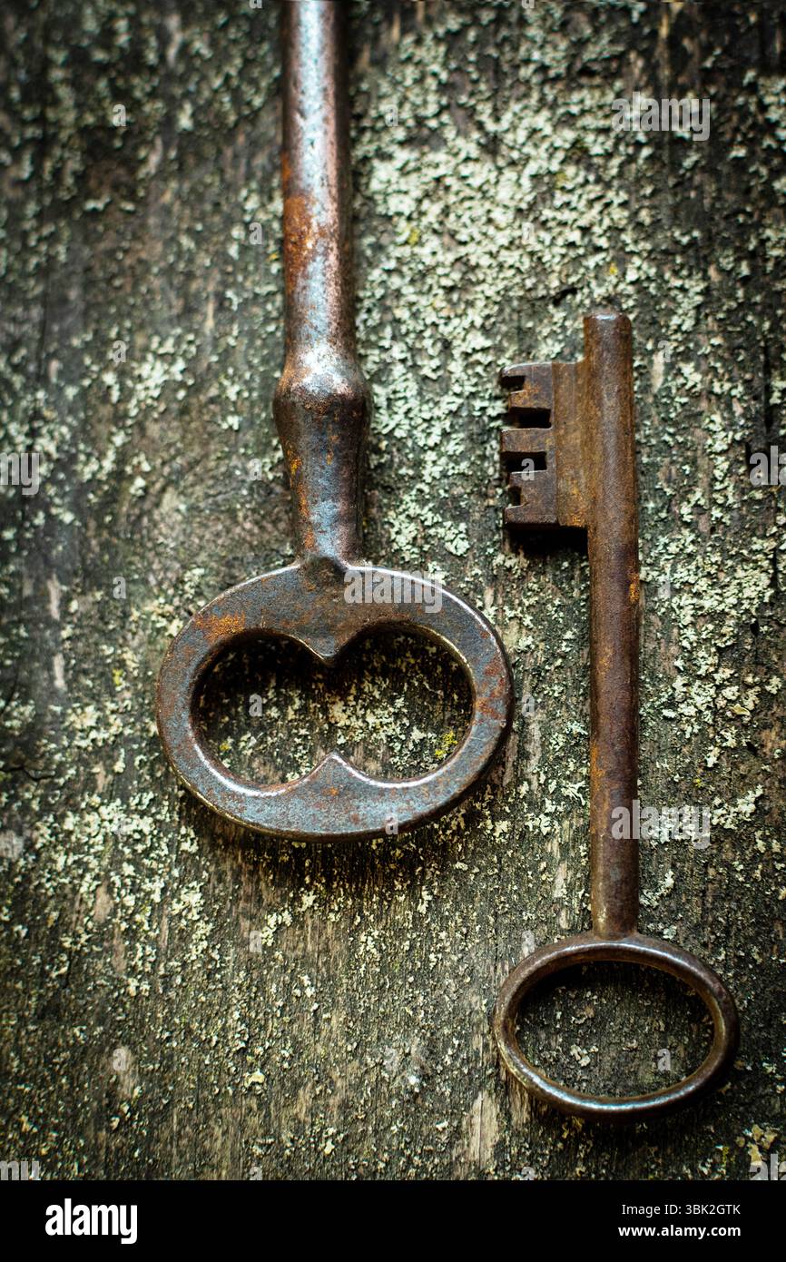 Zwei antike Schlüssel mit komplizierten Mustern befinden sich auf einem strukturierten Holzhintergrund. Stockfoto