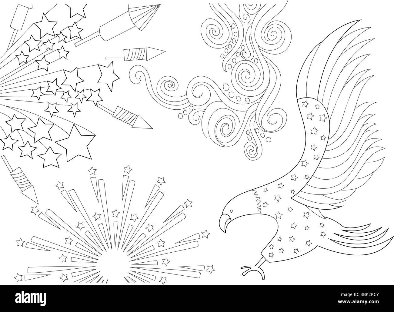 Schwarz-weiße Strichgrafik mit Symbolen des amerikanischen Unabhängigkeitstags und der Feierlichkeiten zum 4. Juli. Inklusive dekorativem Feuerwerk, Bu Stock Vektor