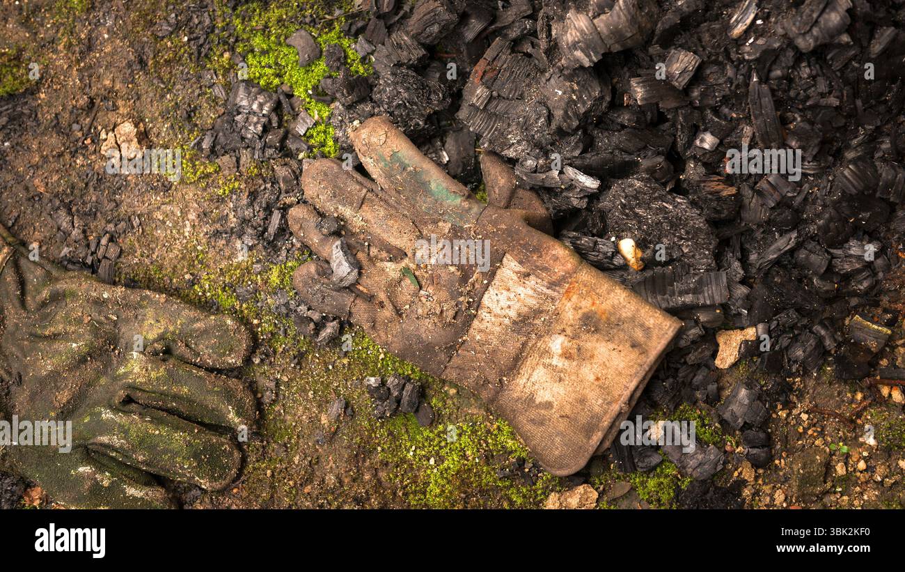 Schmutzige Lederhandschuhe liegen auf dem Boden Stockfoto
